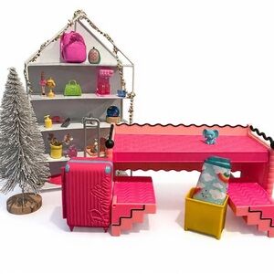 Barbie world traveler dorm room loft bed metal shelf Christmas tree furniture